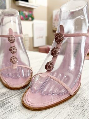 Manolo Blahnik Pink Suede T-Strap Sandals with Textured Button Accents size 38